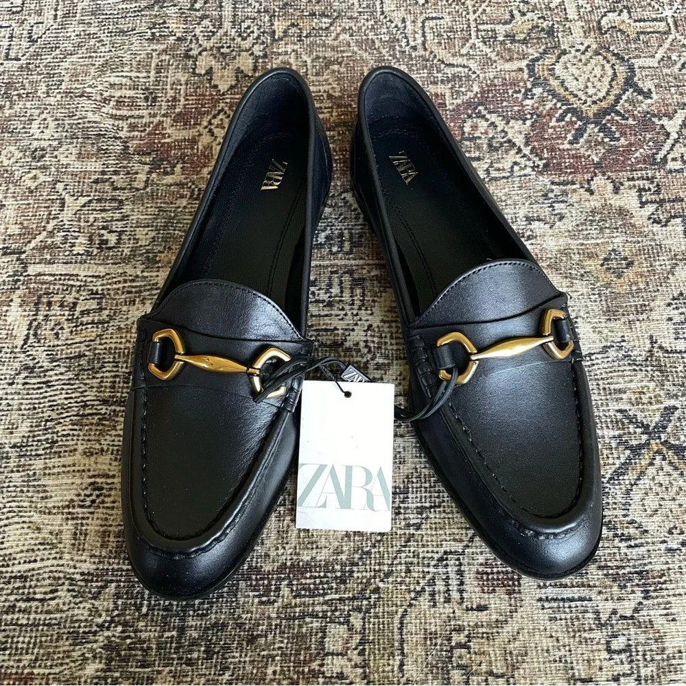 NWT Zara Leather Gold Hardware Loafers in Black - 7.5 - Picture 3 of 7